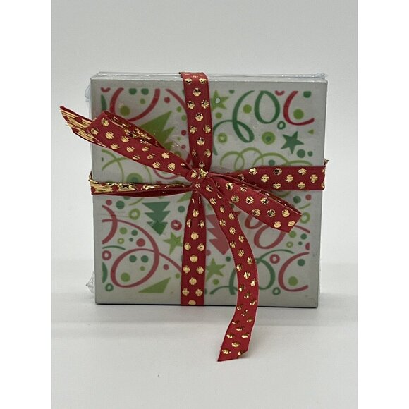 Festive Ceramic Coaster Set Of 4 with Christmas Trees And Confetti - Picture 2 of 6
